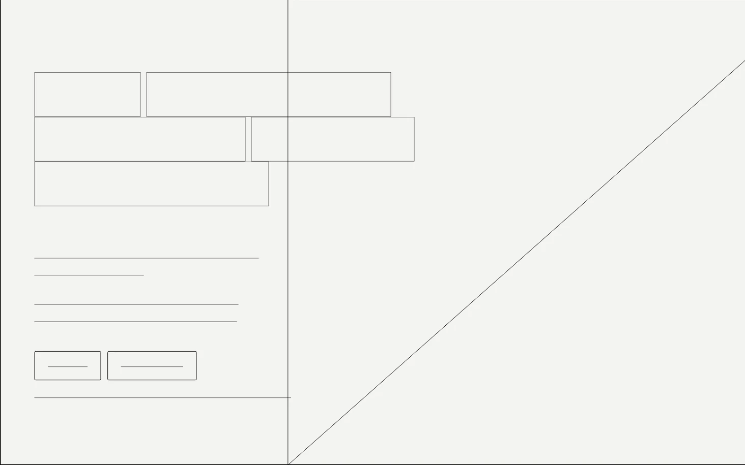 The structure of the same home page drawn in hairlines: the hero section, the lines of the headline and paragraphs, two buttons and the frame of the animated drawing.