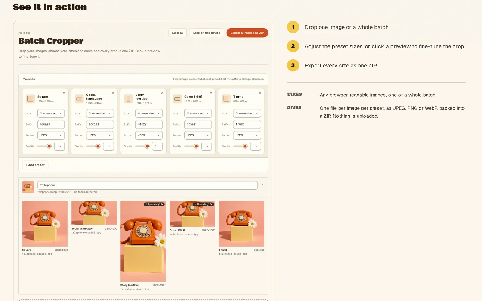 A batch image cropper in action: a panel of crop presets above a row of sample photographs of a red telephone cropped to each size, with three numbered steps beside it.