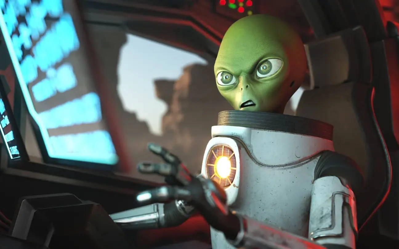 An original green alien character at the controls of a spaceship cockpit, lit by its screens, rendered in Unreal Engine.