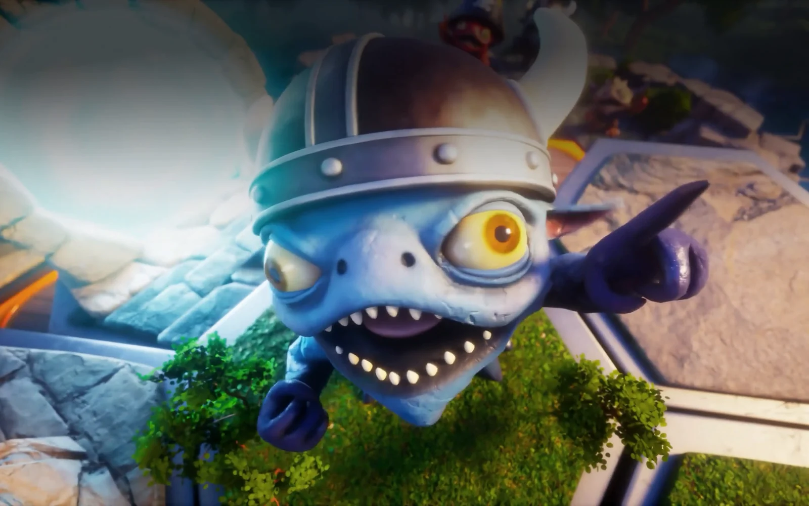 A blue creature with one large eye and a horned helmet leans out of a bright jungle scene, rendered in Unreal Engine.