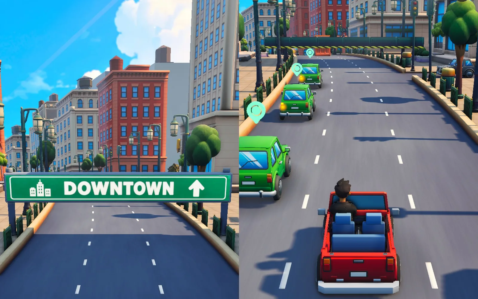 An untitled mobile endless runner in development: the player's open-top car heading downtown, captured in engine.