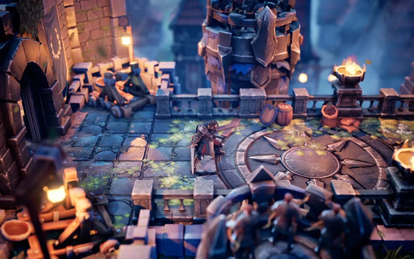 A castle courtyard at dusk in an untitled tower defence game: an armoured hero with a sword on a stone compass floor, archers on a round tower and catapults by the wall.