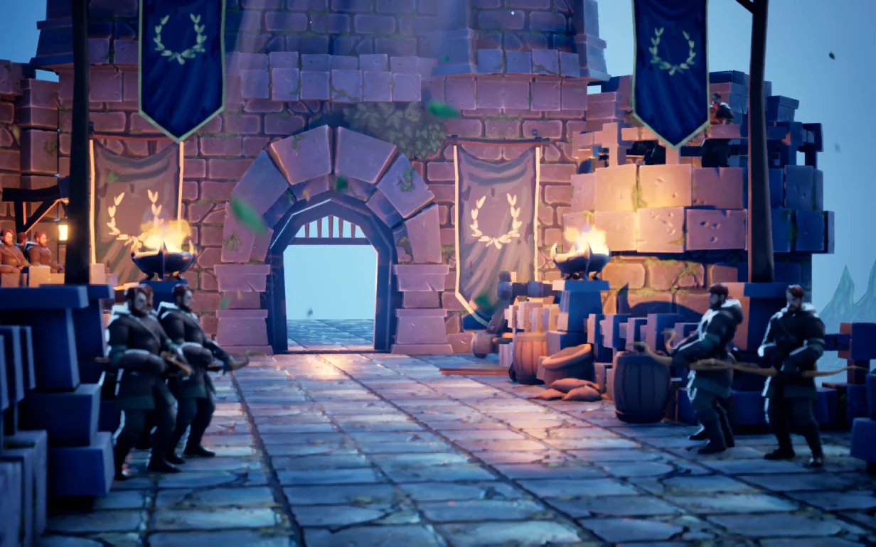 The castle gate in an untitled tower defence game: archers on both sides of a stone road beneath blue banners and lit braziers.